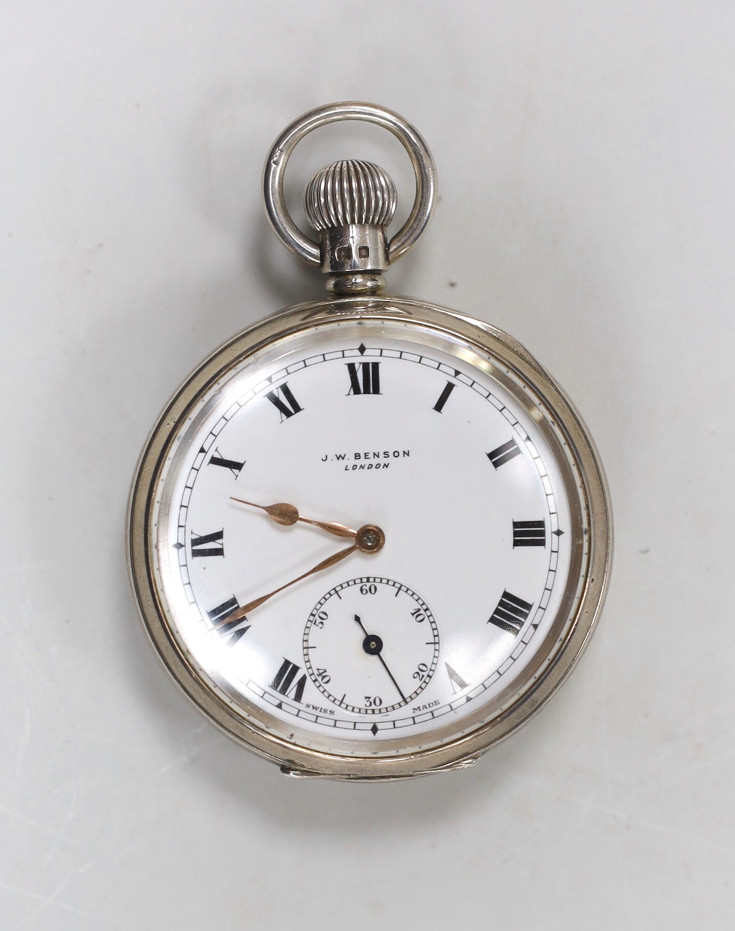 A 1930's silver J.W. Benson open faced keyless pocket watch, with Roman dial, case diameter 51mm, in original fitted J.W. Benson case.